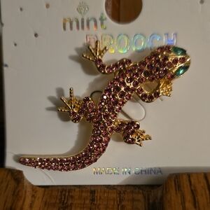 Mint Jeweled Lizard Brooch with Pink and Gold